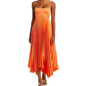 House of Harlow 1960 Orange Accordion Pleat Midi Dress Back Cut Out